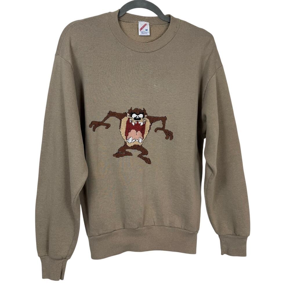 Vintage Taz Looney Tunes Sweatshirt Mens Medium Tan Cross Stitch Jerzees Unisex